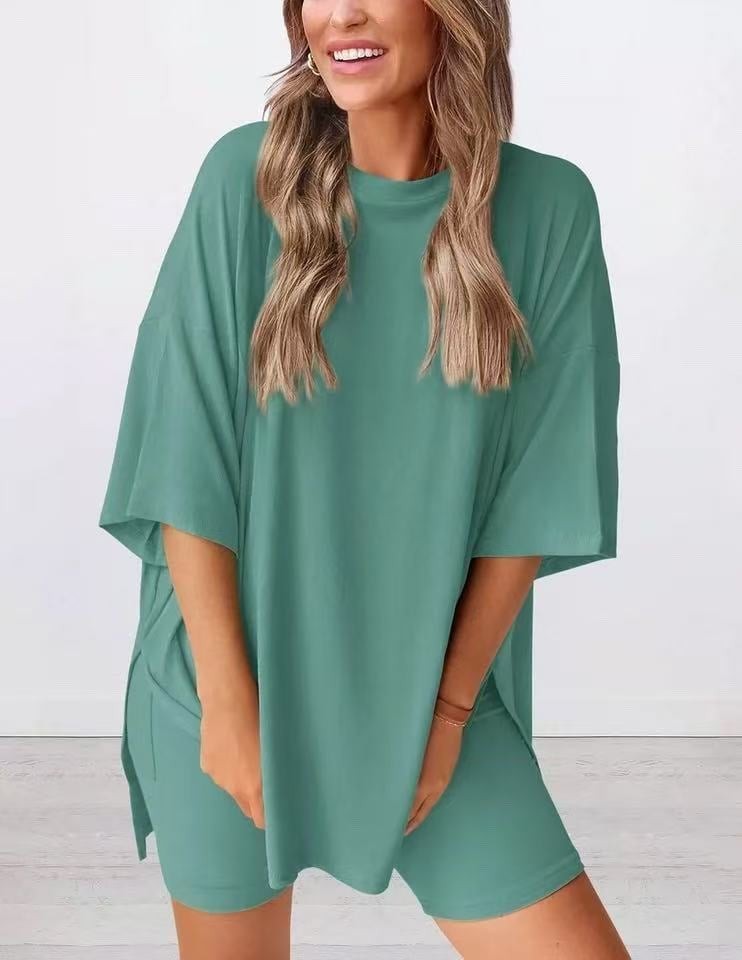 Green oversized knit t-shirt and shorts co-ord