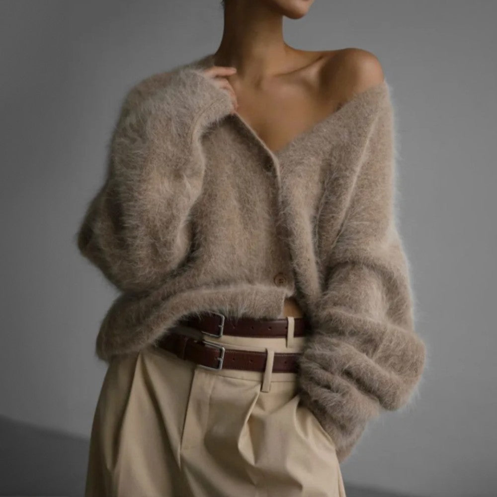 Beige oversized v-neck cardigan
