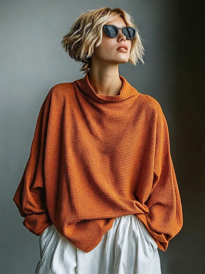 Orange oversized waffle knit cowl neck jumper