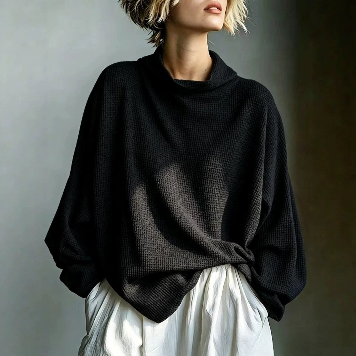 Black oversized waffle knit cowl neck jumper