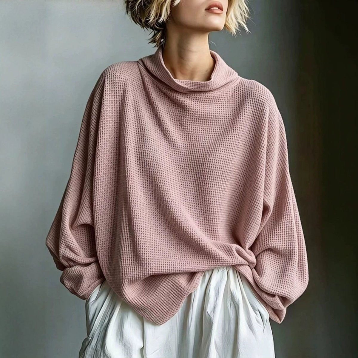 Pink oversized waffle knit cowl neck jumper