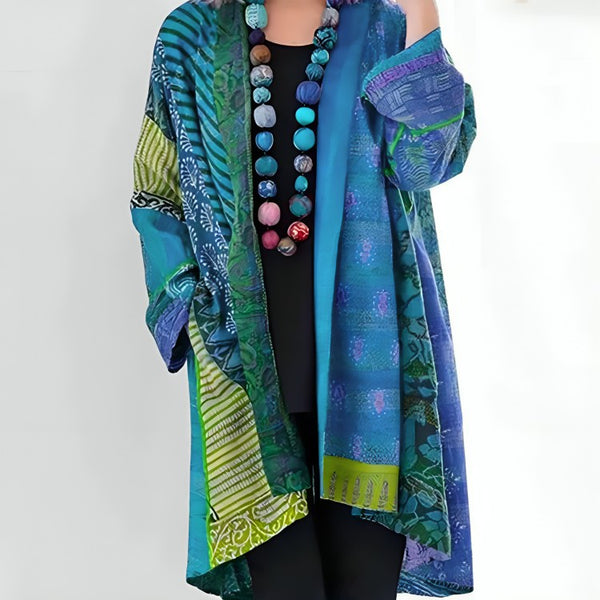 Blue patchwork open-front cardigan
