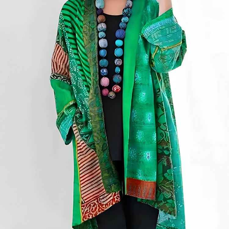 Green patchwork open-front cardigan