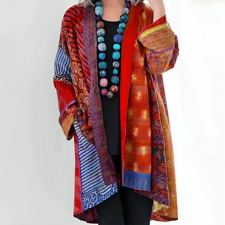 Red patchwork open-front cardigan