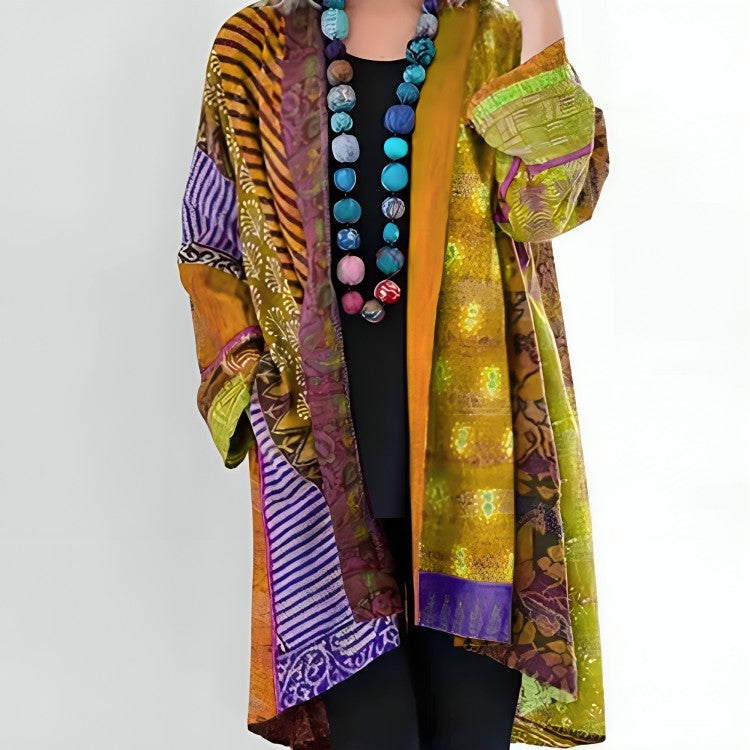Yellow patchwork open-front cardigan