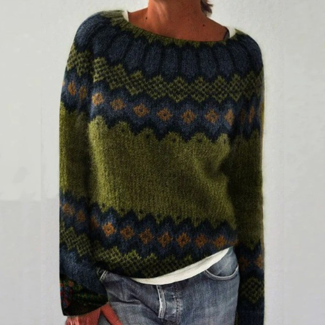 Dark Green patterned crew neck knit jumper