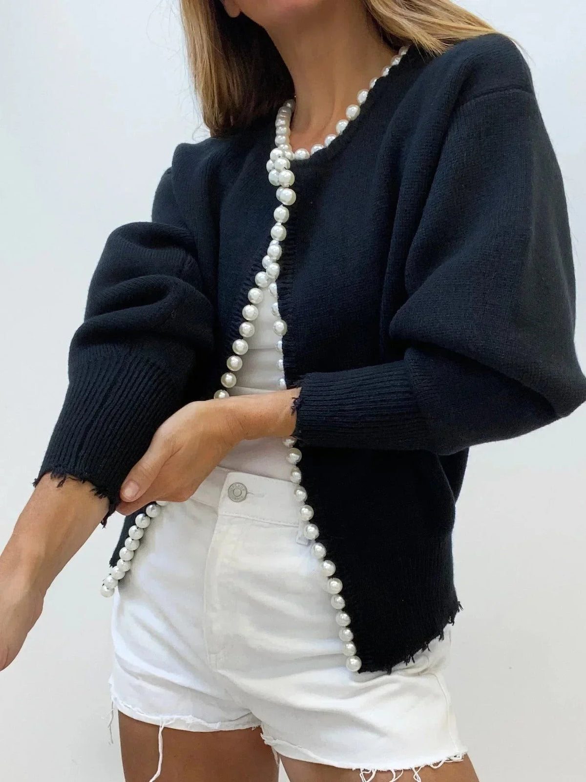 Blue pearl trim knit cardigan