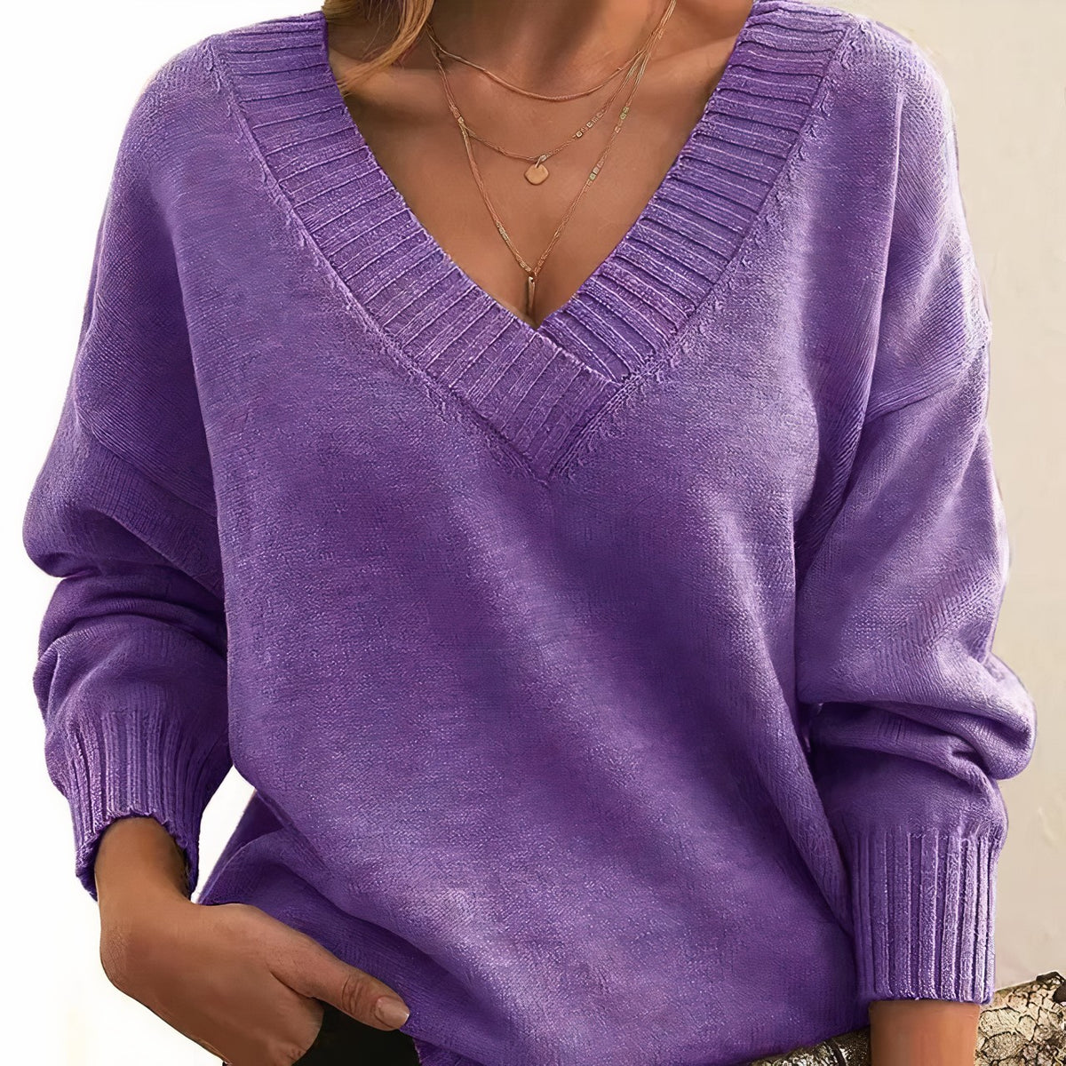 Purple pleated v-neck jumper