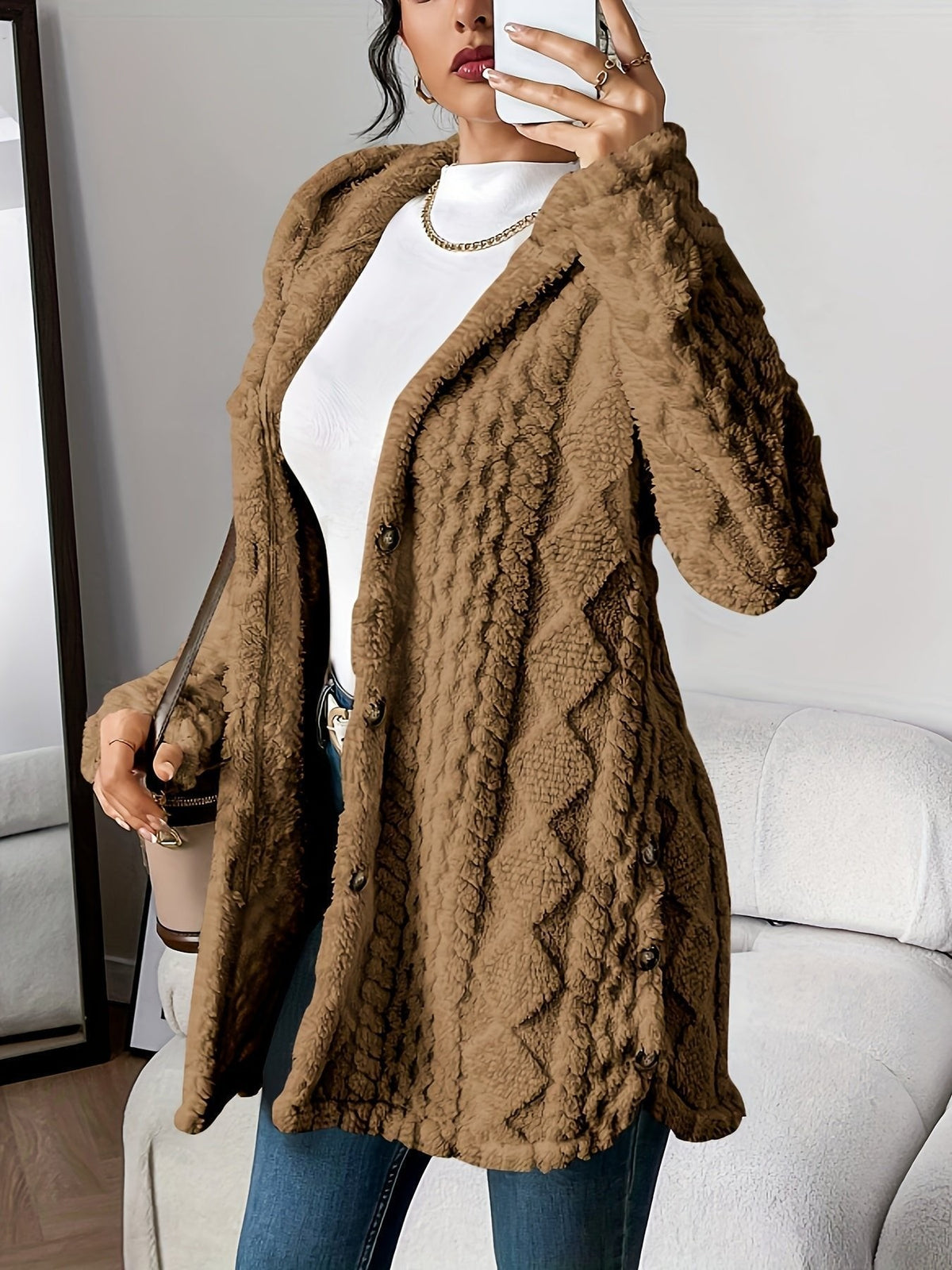 Brown plush hooded longline cardigan