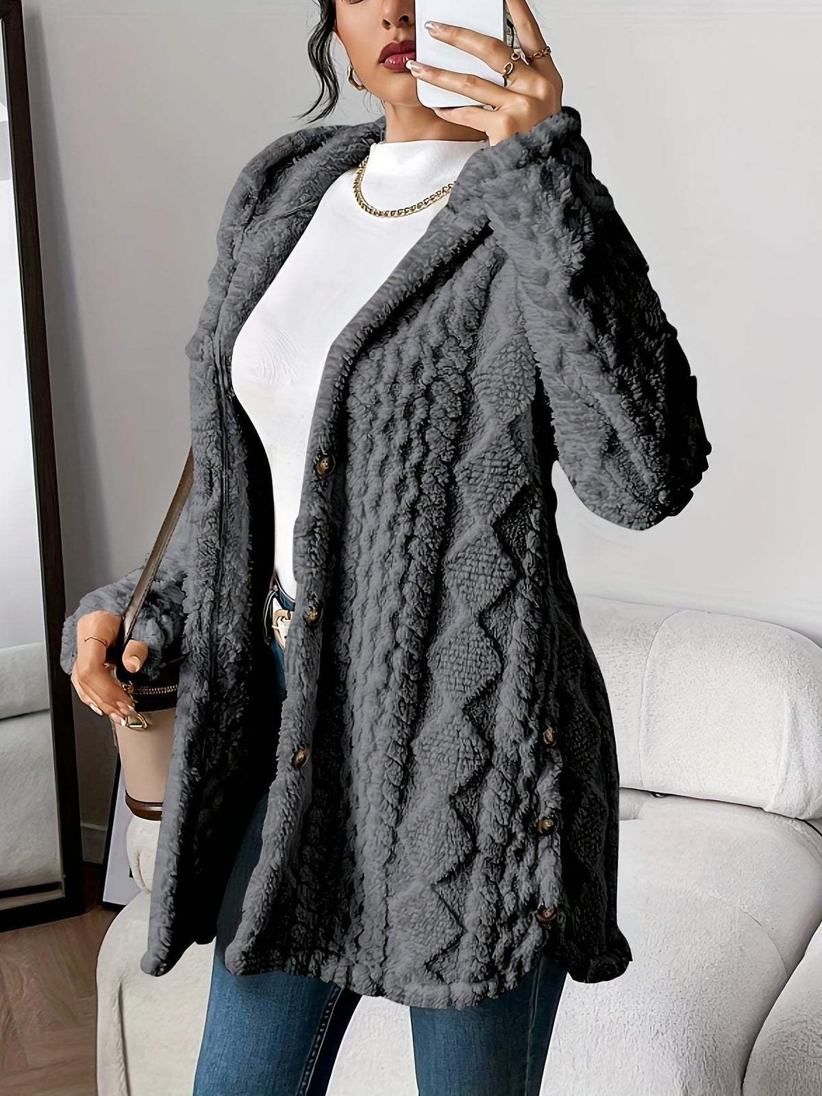 Gray plush hooded longline cardigan