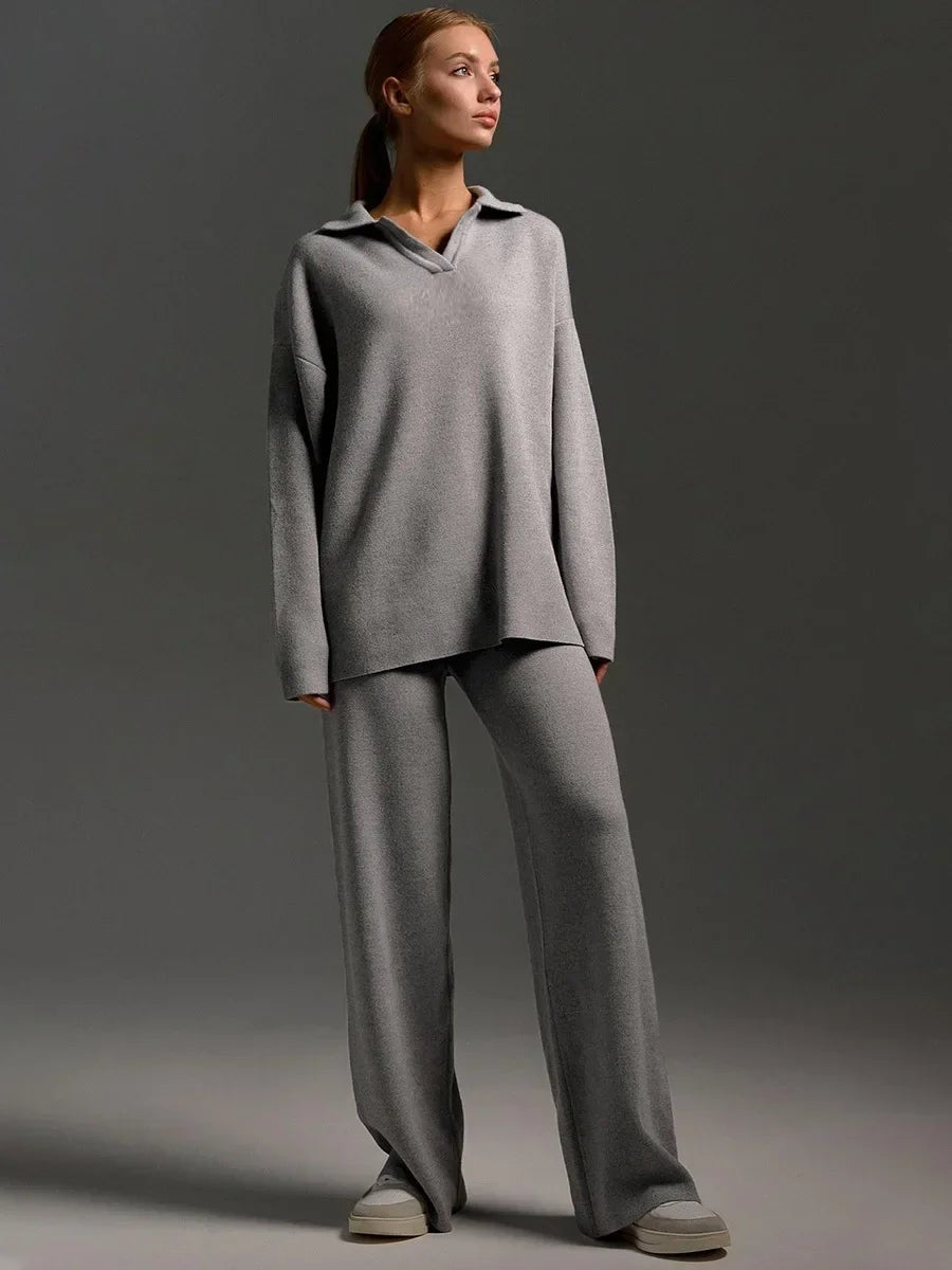 Grey polo collar knit co-ord set