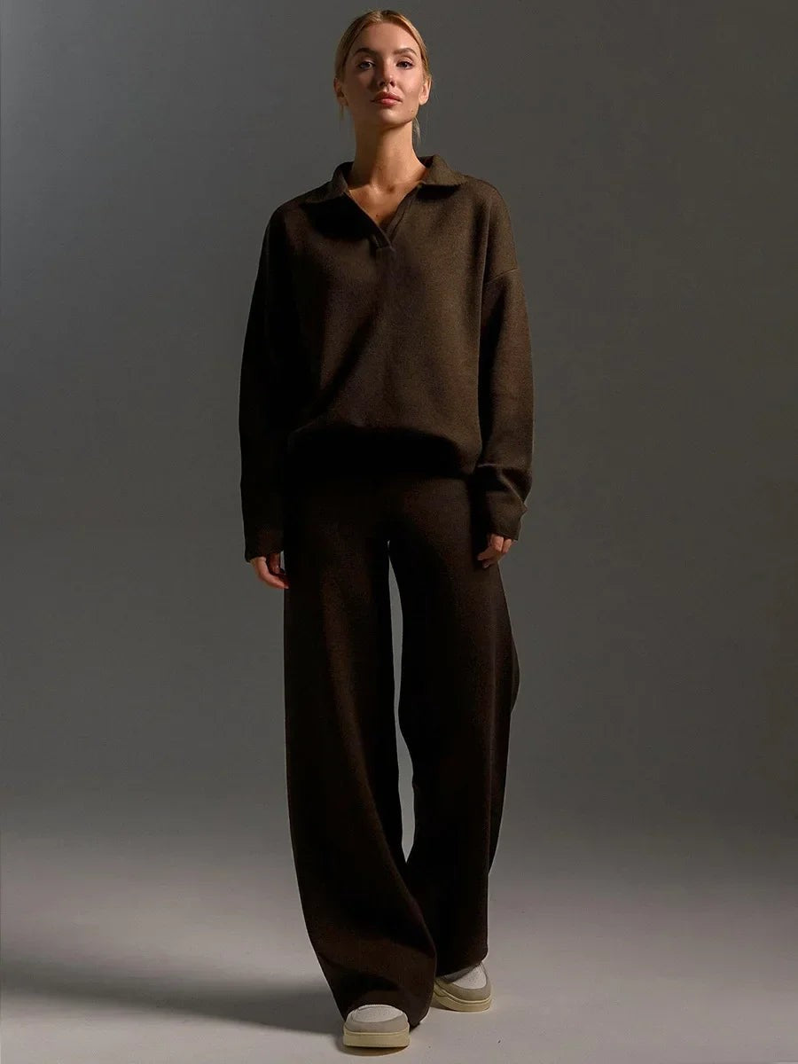 Brown polo collar knit co-ord set