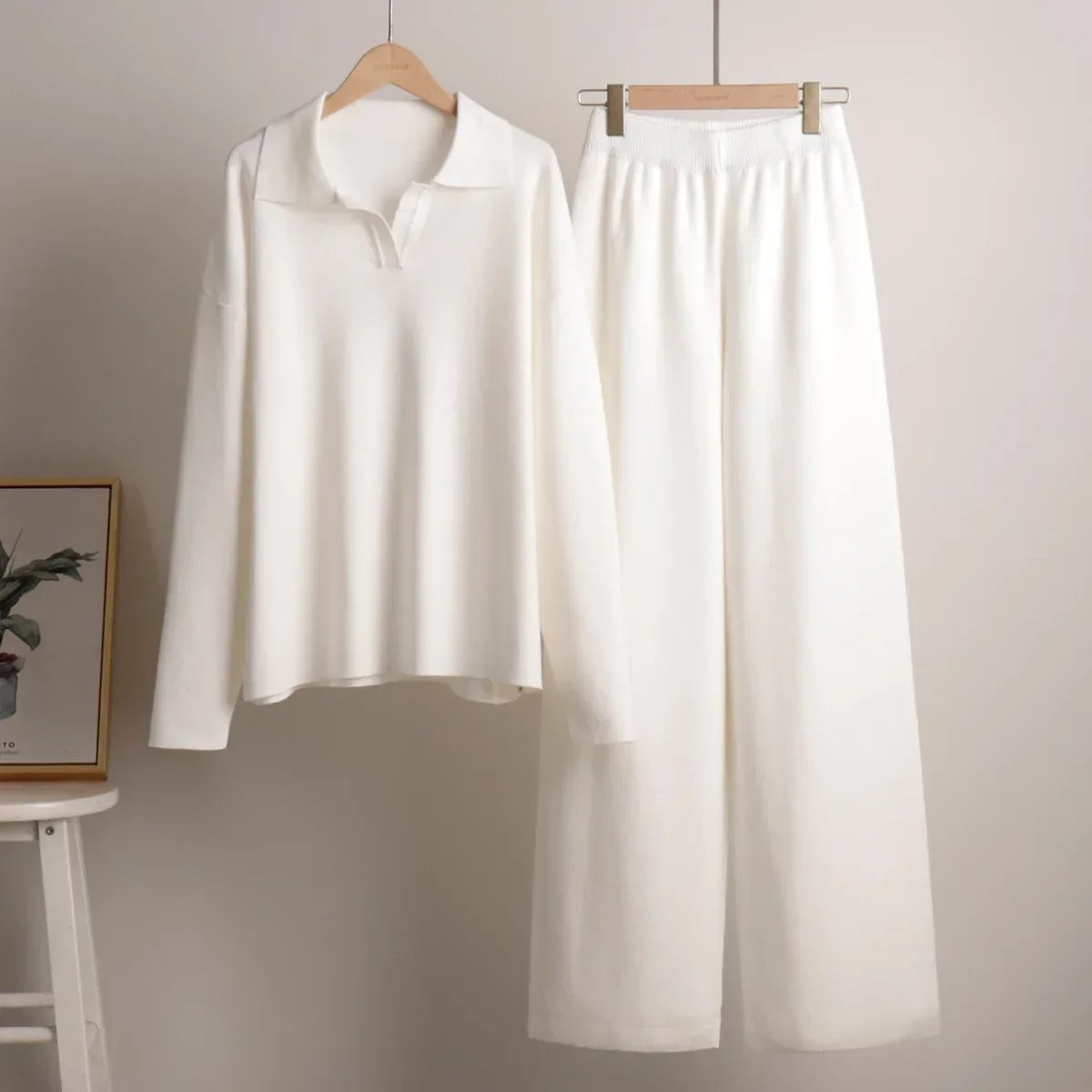 White polo collar knit co-ord set