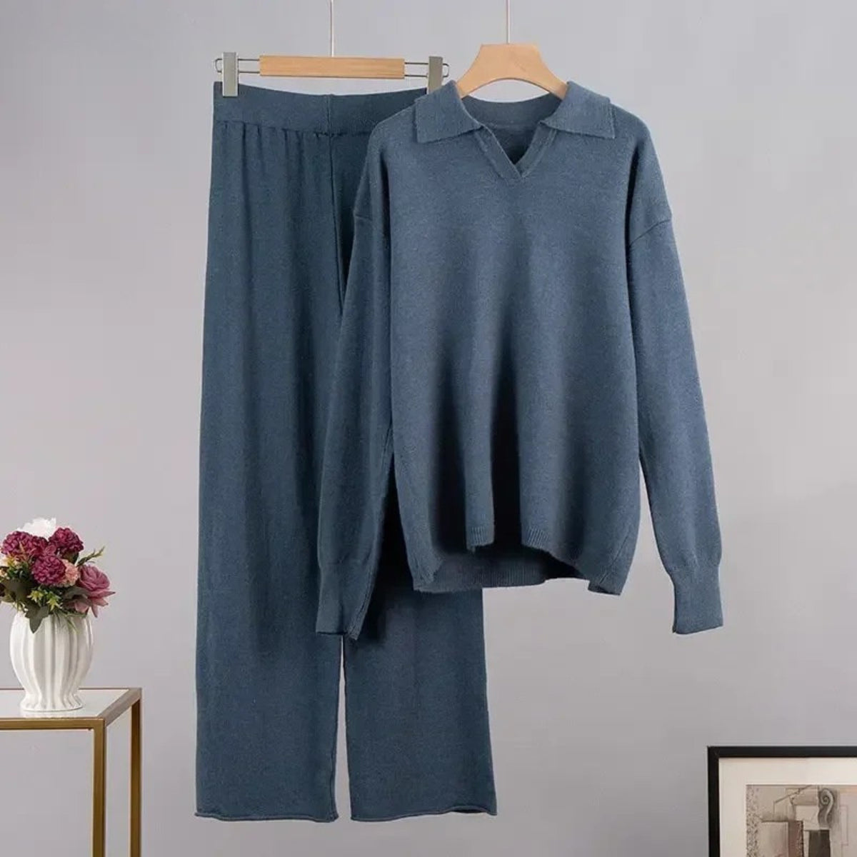 Haze Blue polo collar knit co-ord set