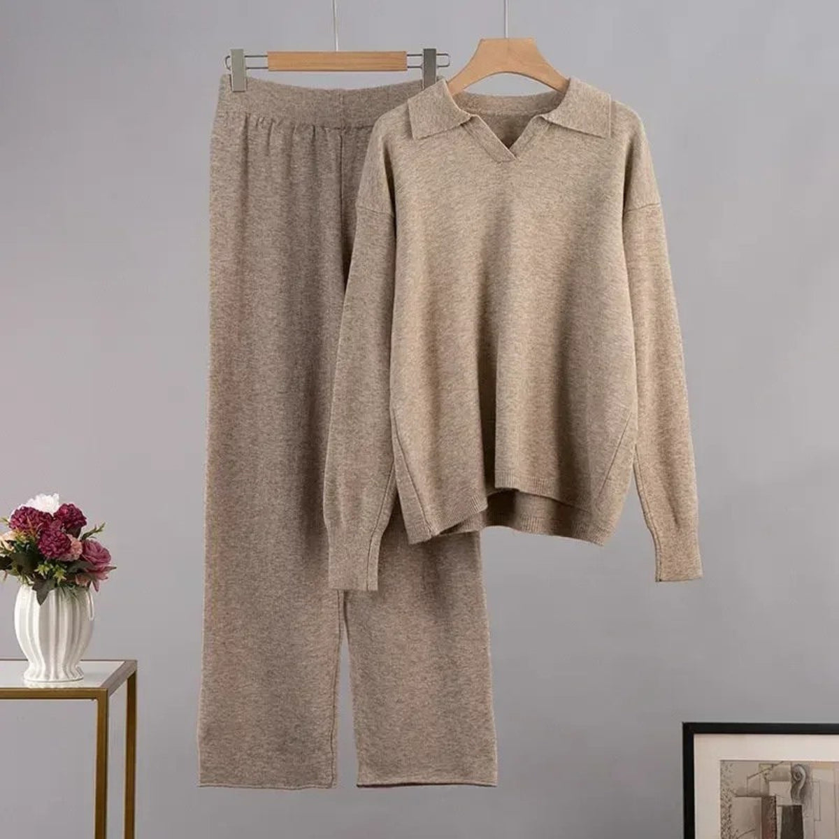 Khaki polo collar knit co-ord set