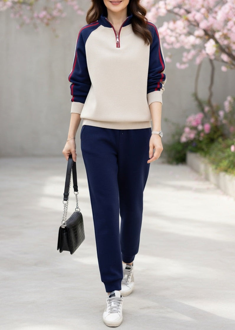Beige quarter-zip jogger tracksuit