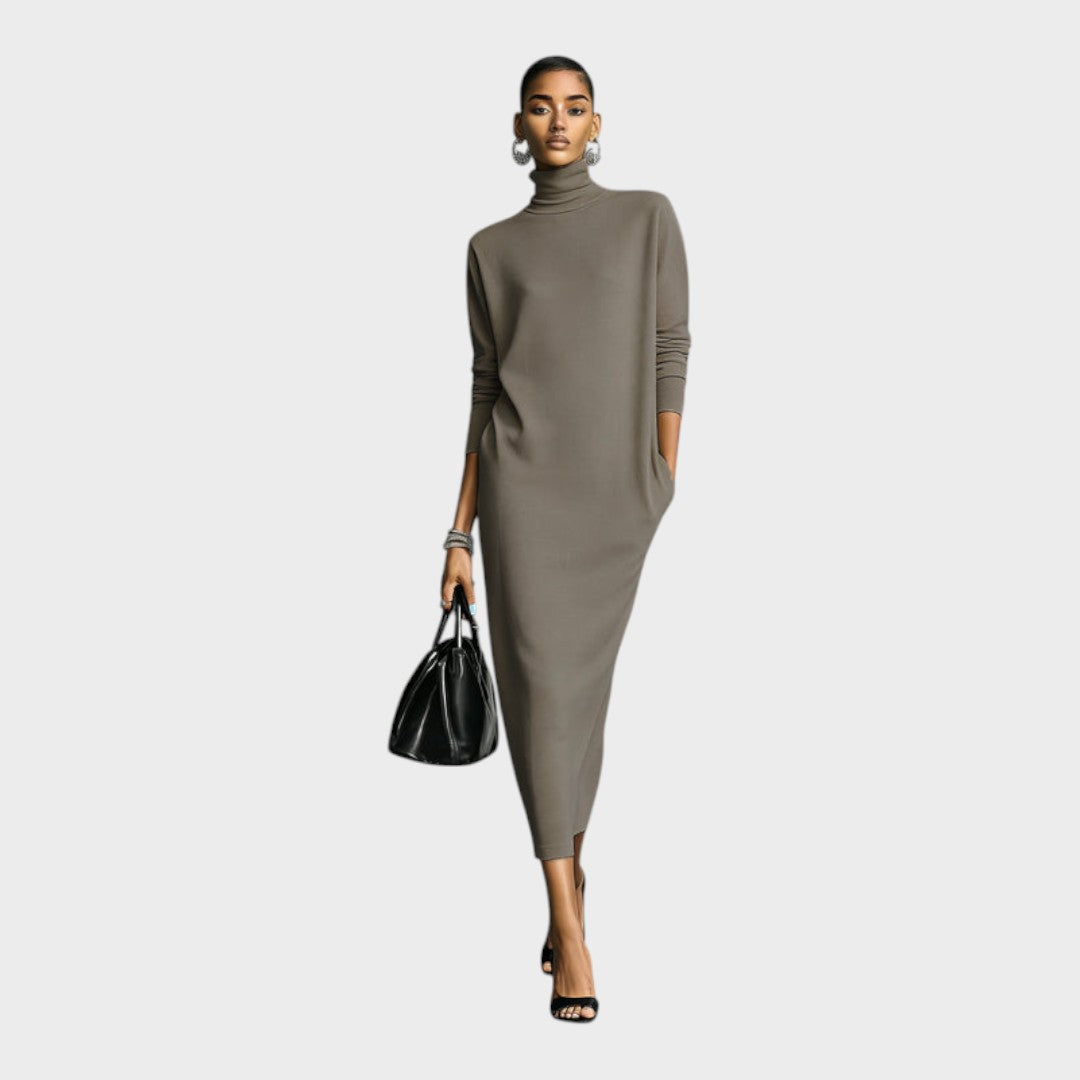 Khaki Brown relaxed roll neck knit maxi dress