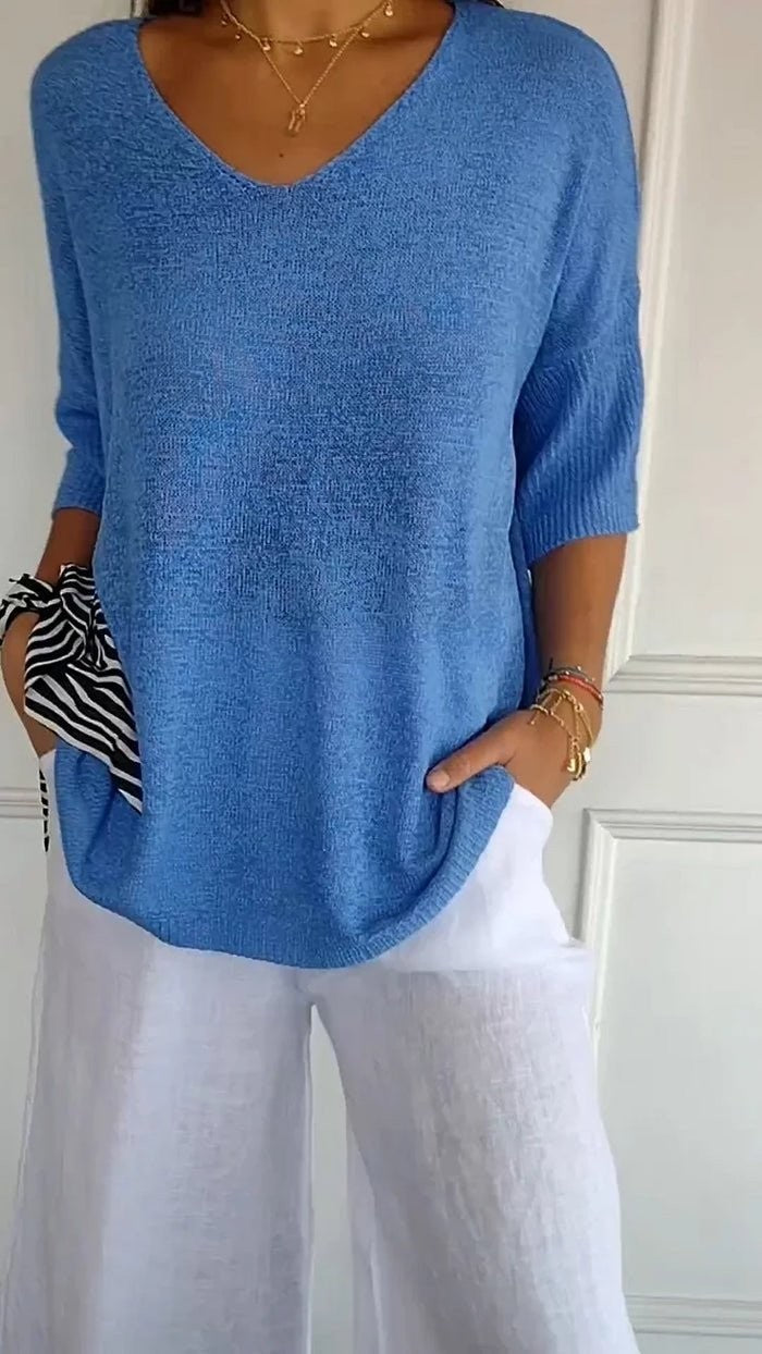 Blue relaxed v-neck knit top