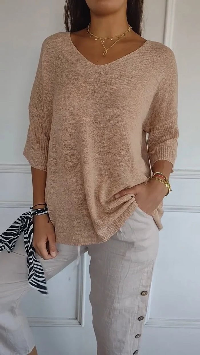 Apricot relaxed v-neck knit top