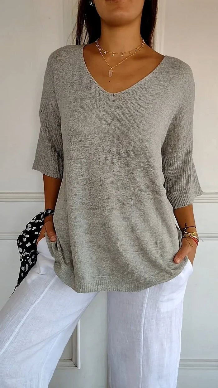 Grey relaxed v-neck knit top