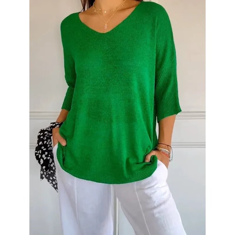 Green relaxed v-neck knit top