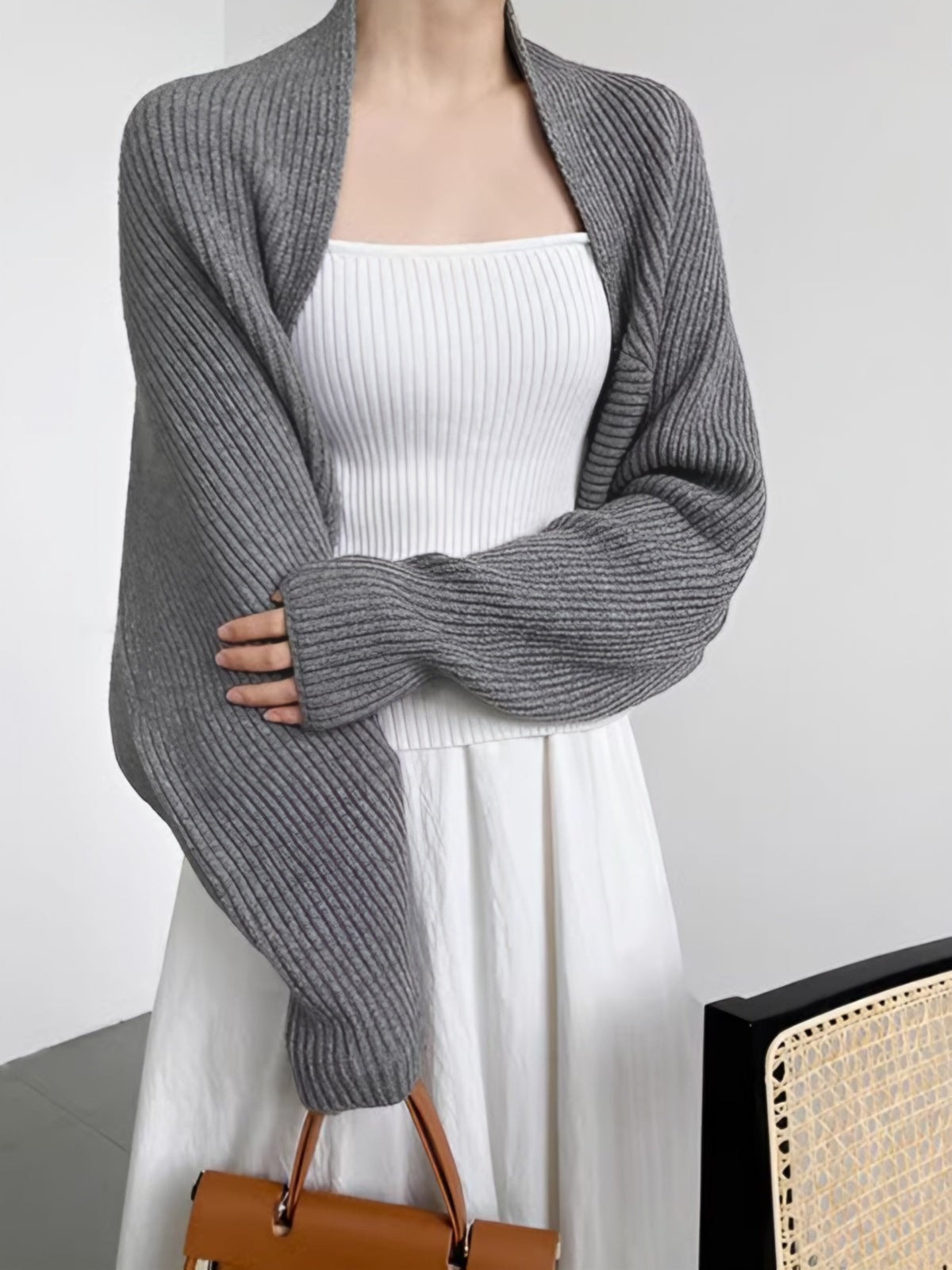 Grey ribbed bolero shrug cardigan