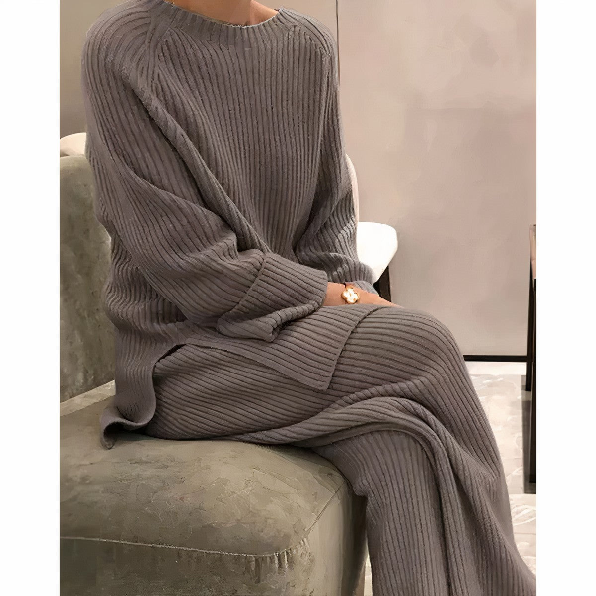 Brown ribbed jumper and trouser set