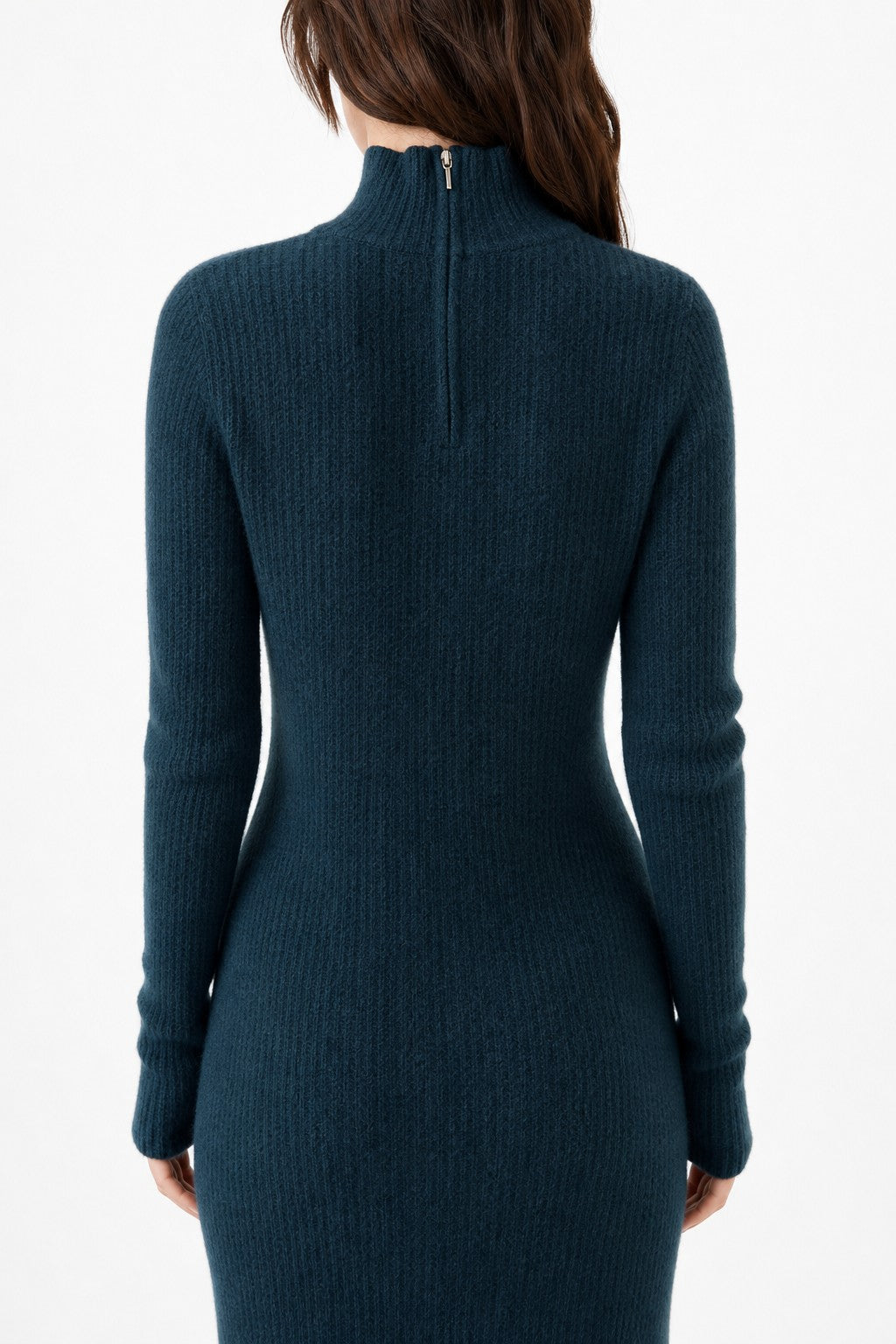 Navy ribbed mock neck wool midi dress