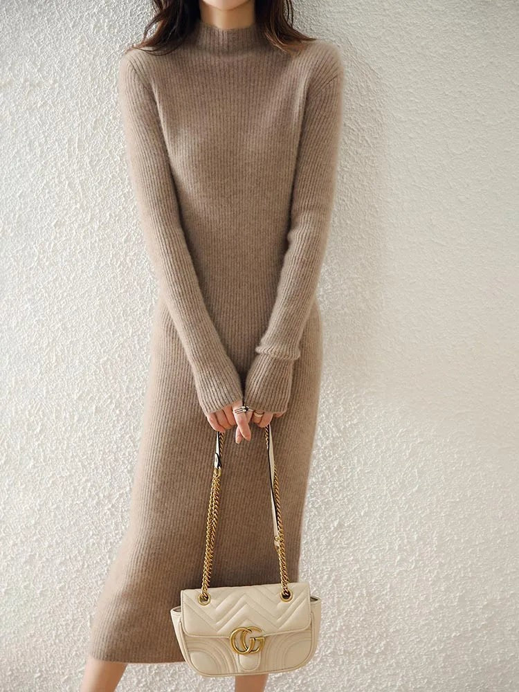 Ribbed mock neck wool midi dress
