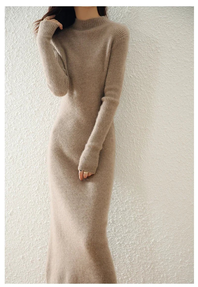 Ribbed mock neck wool midi dress