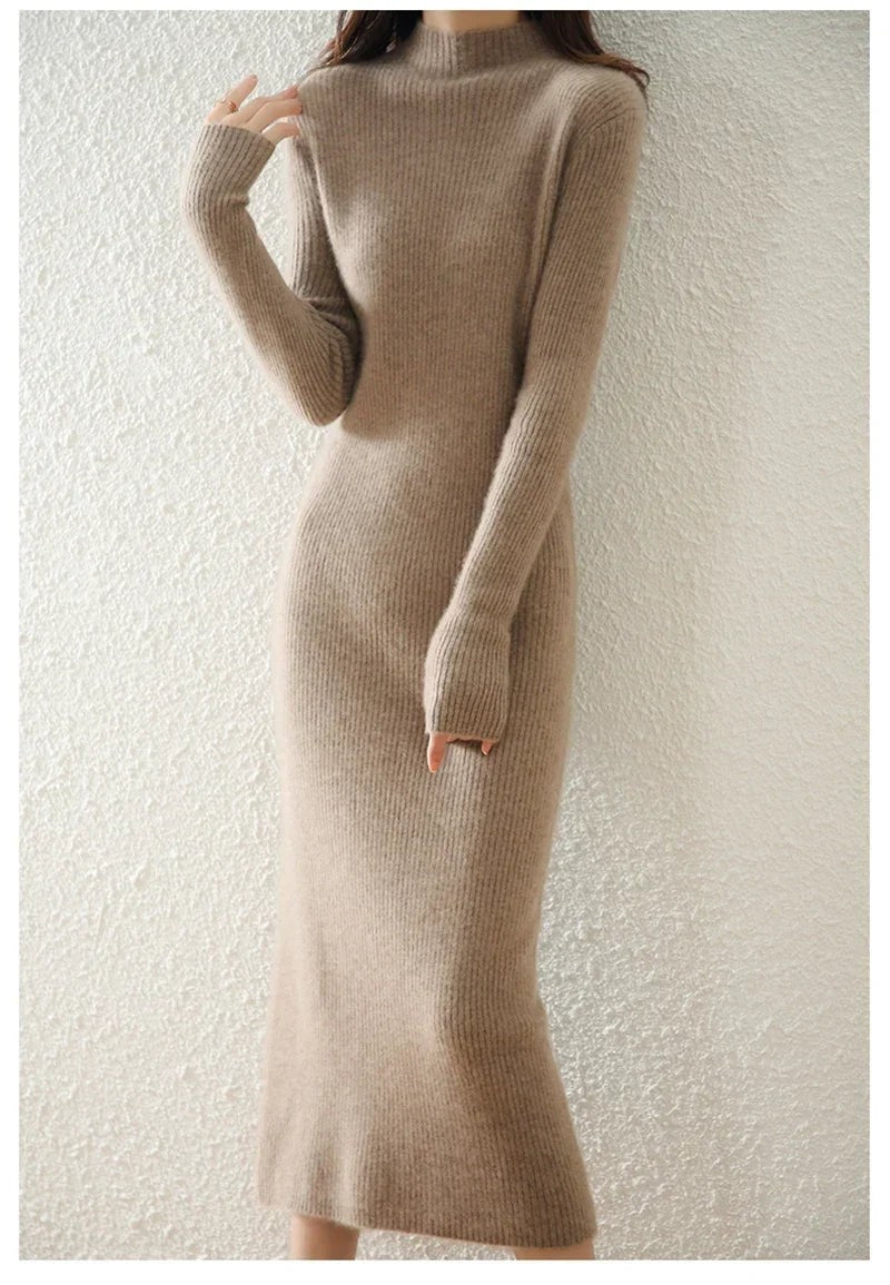 Ribbed mock neck wool midi dress