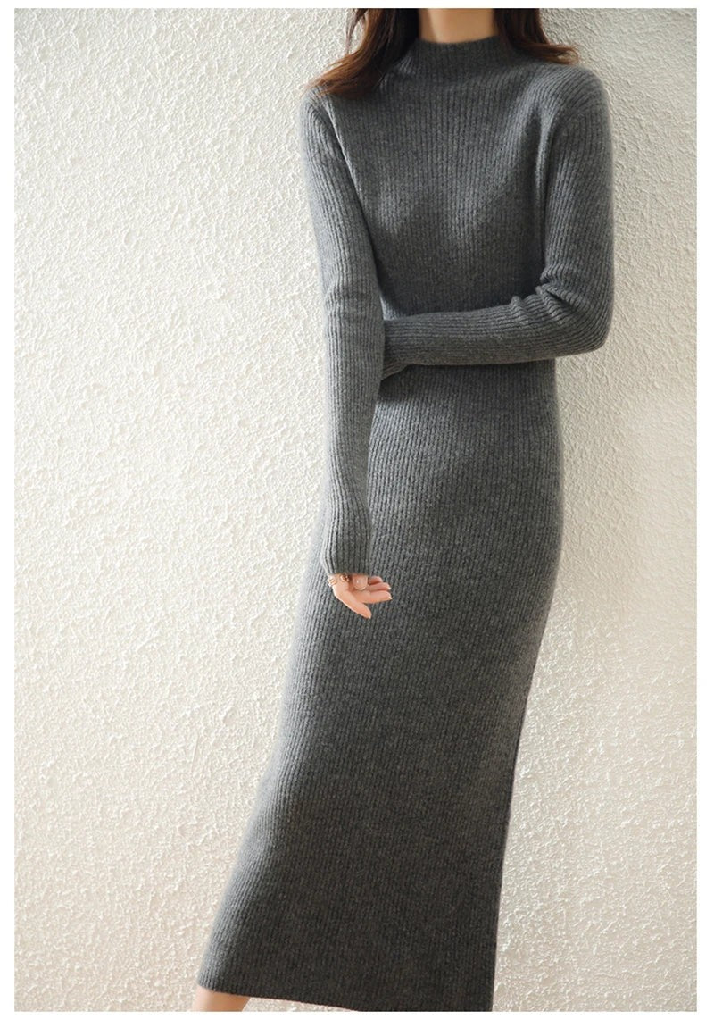 Ribbed mock neck wool midi dress