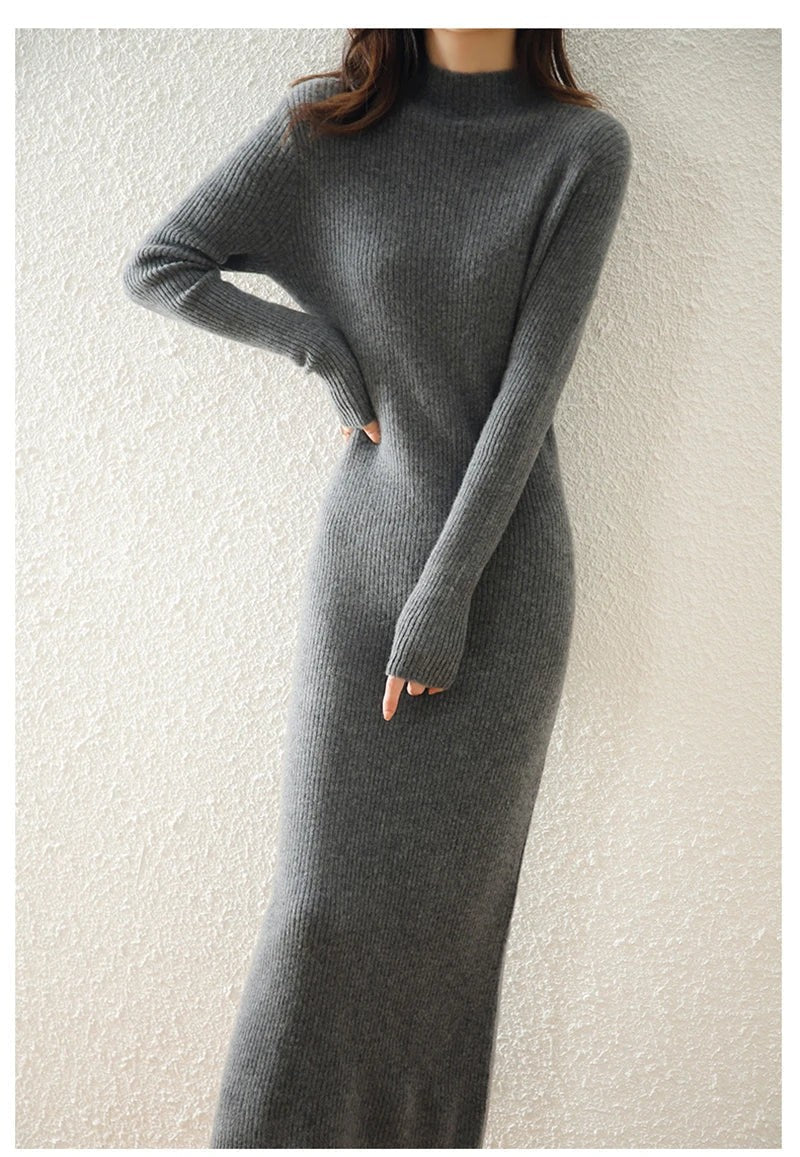 Ribbed mock neck wool midi dress