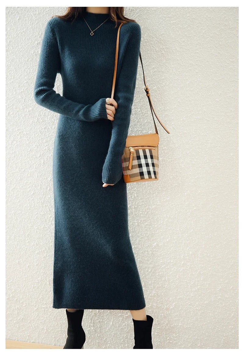 Ribbed mock neck wool midi dress