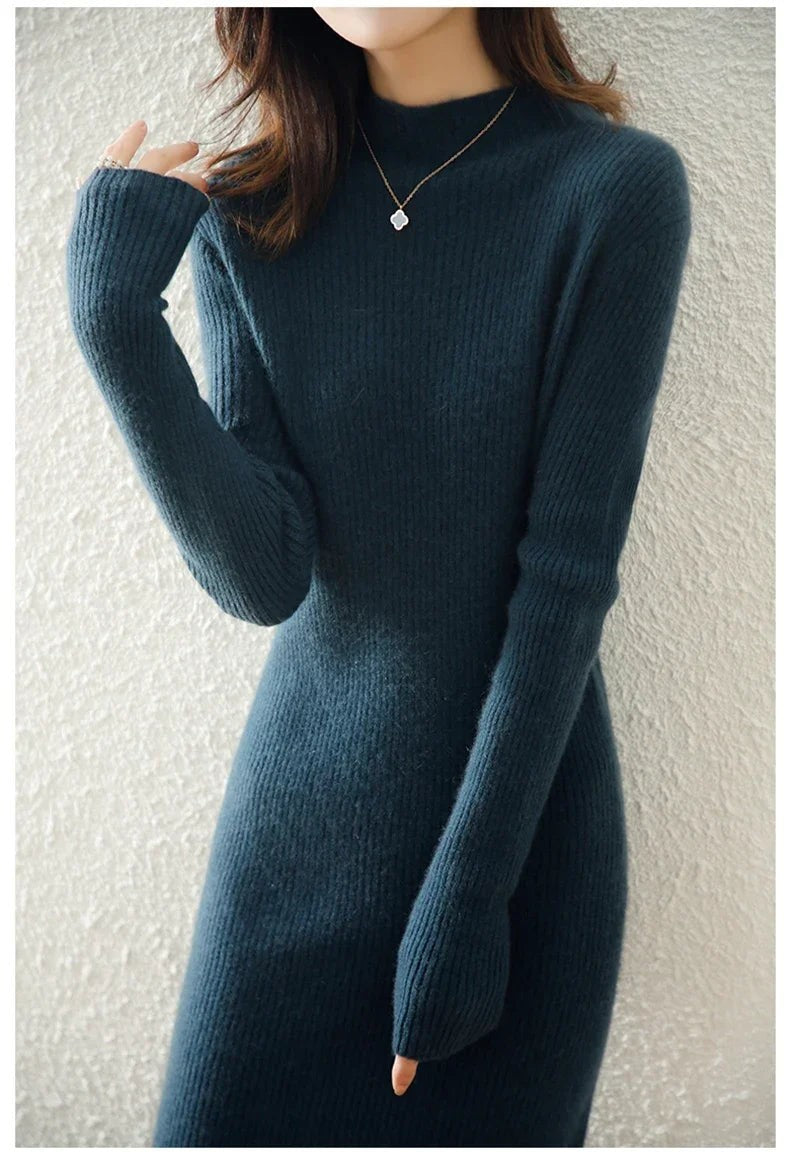 Ribbed mock neck wool midi dress