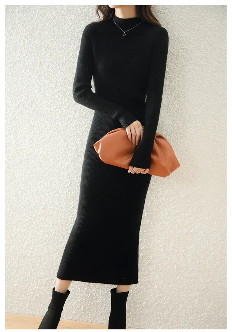Ribbed mock neck wool midi dress
