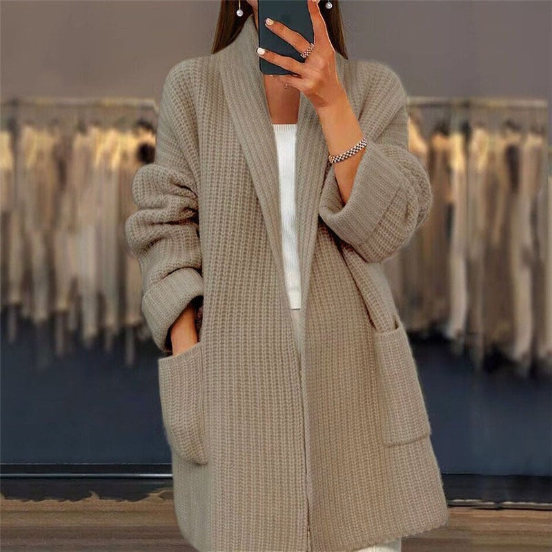 Khaki ribbed open-front cardigan