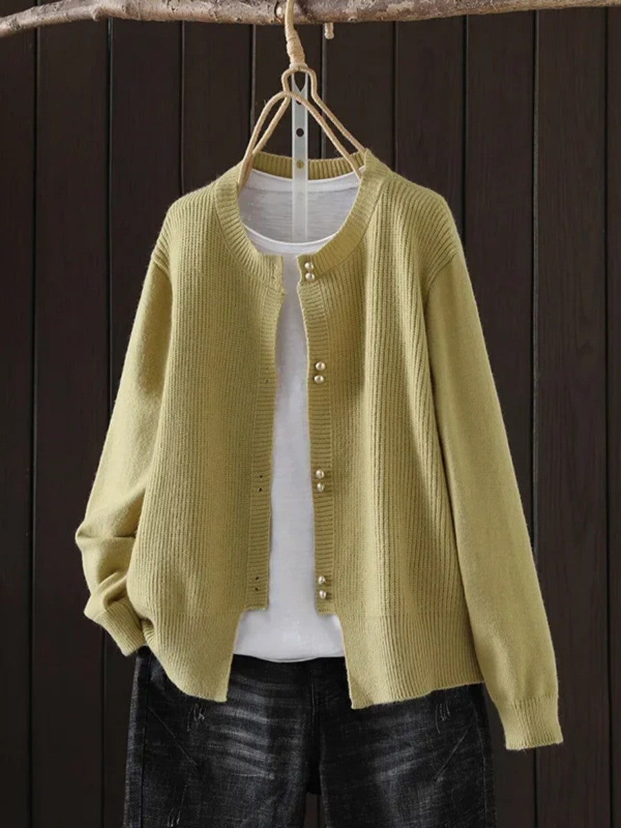 Yellow ribbed pearl button cardigan