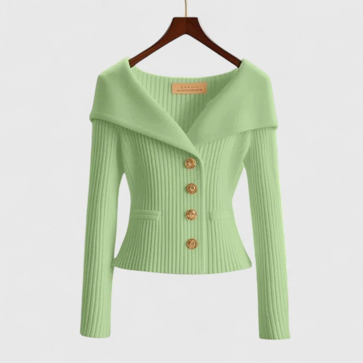 Green ribbed portrait collar cardigan