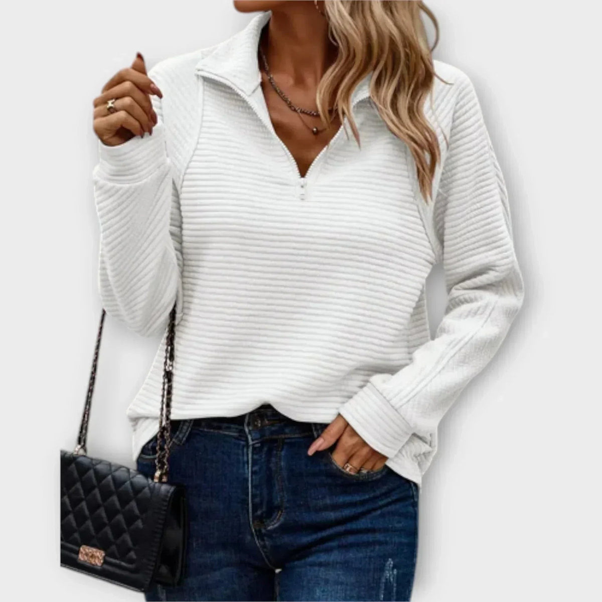 White ribbed quarter zip sweatshirt