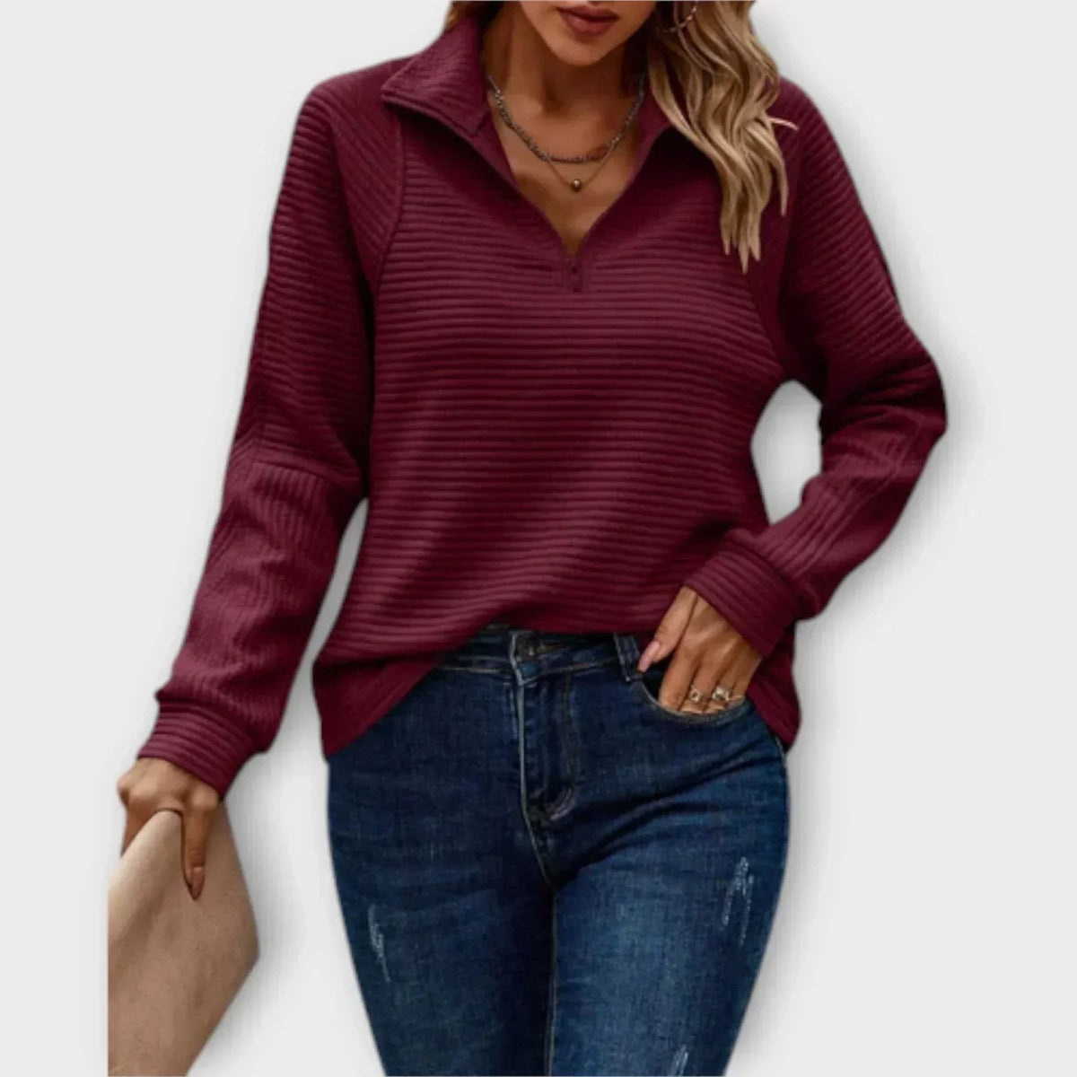 Red ribbed quarter zip sweatshirt