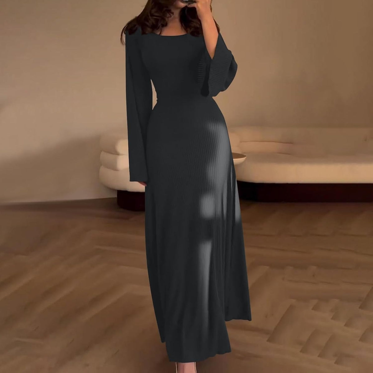 Dark Grey ribbed square neck maxi dress