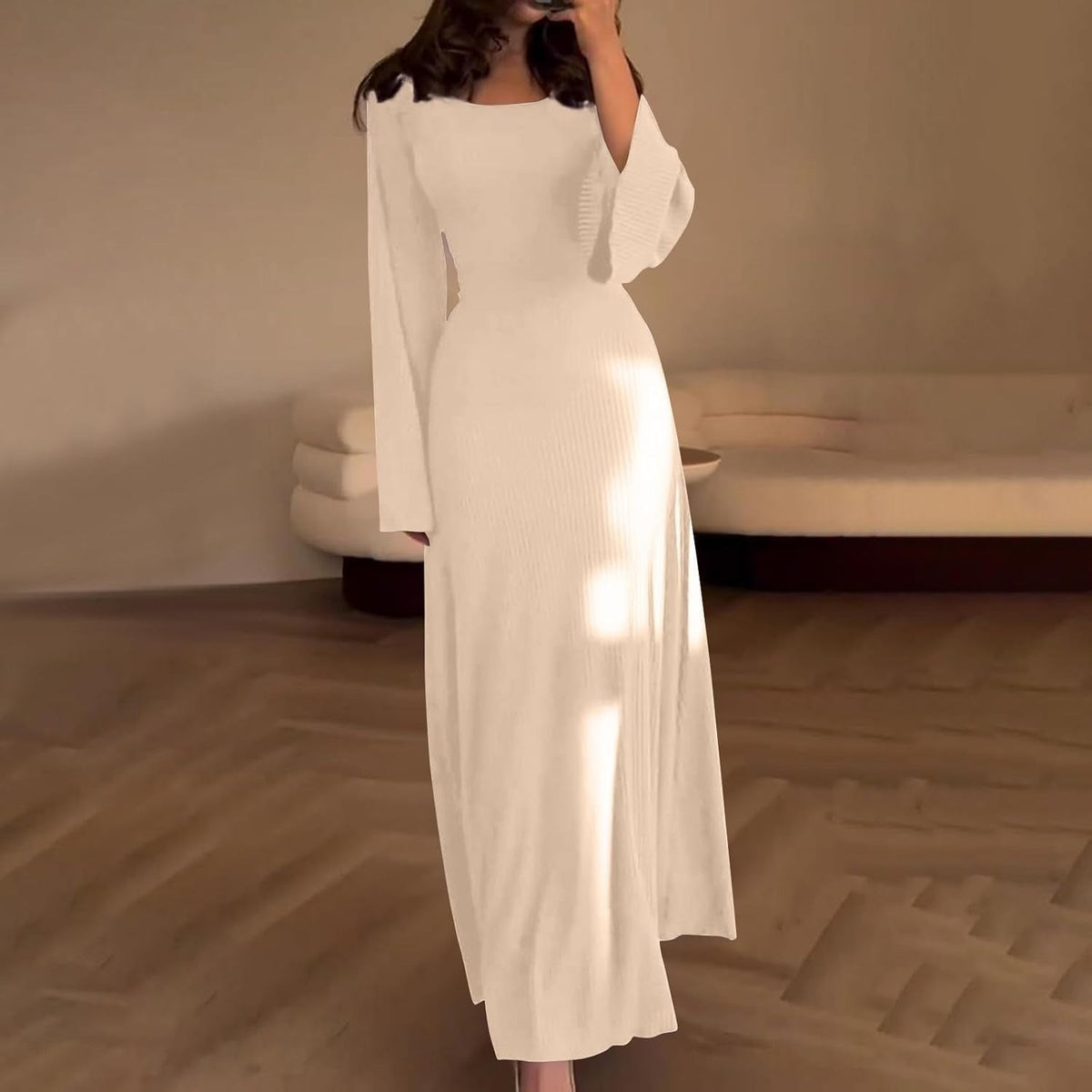 Beige ribbed square neck maxi dress