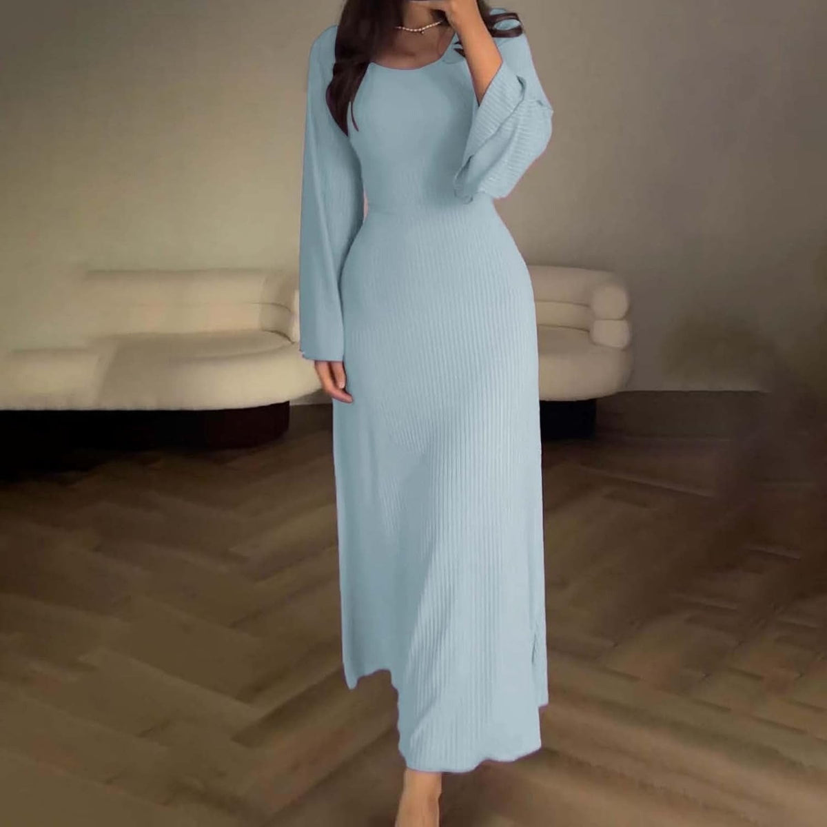Light Blue ribbed square neck maxi dress