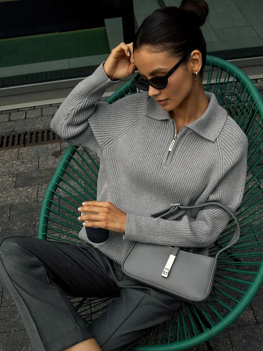 Ribbed zip neck jumper