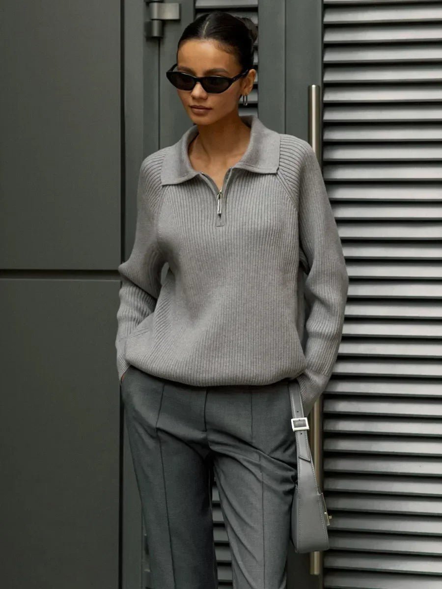 Gray ribbed zip neck jumper