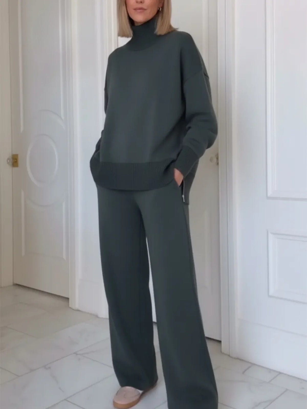 Grey roll neck knit loungewear set