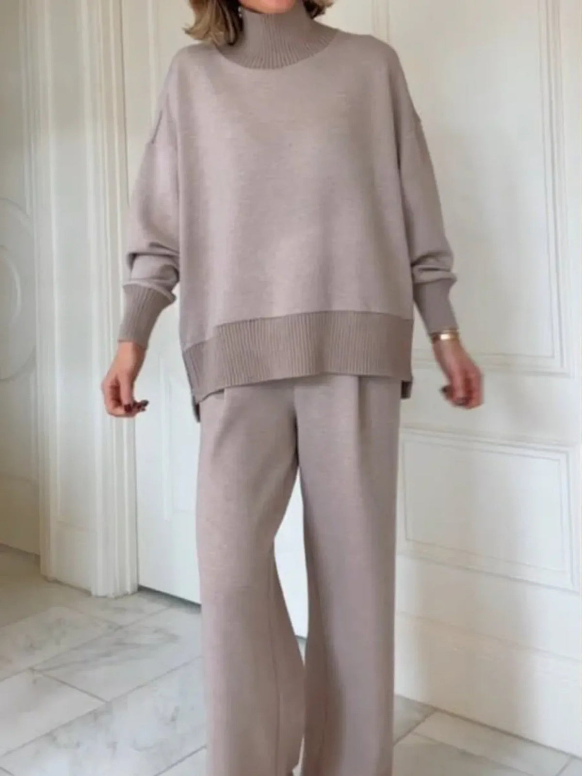 Oatmeal roll neck knit loungewear set