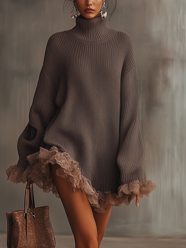 Coffee ruffle-hem roll neck jumper dress