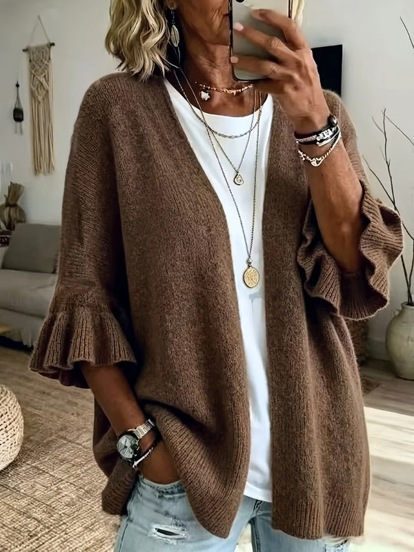 Brown ruffle-sleeve open-front cardigan